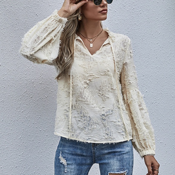 cream front tie feather neck tie long sleeve top - Picture 7 of 7